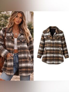 Treasure Bone Nordstrom Shacket Jacket Small Oversized Camel Plaid Shaggy Fabric